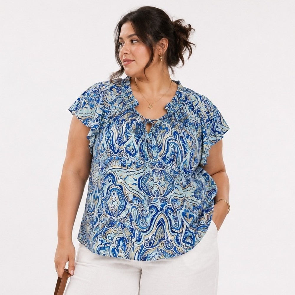 Lane Bryant Paisley Blouse 26/28 Blue‎ Flutter Sleeve Flowy Resort Boho Plus